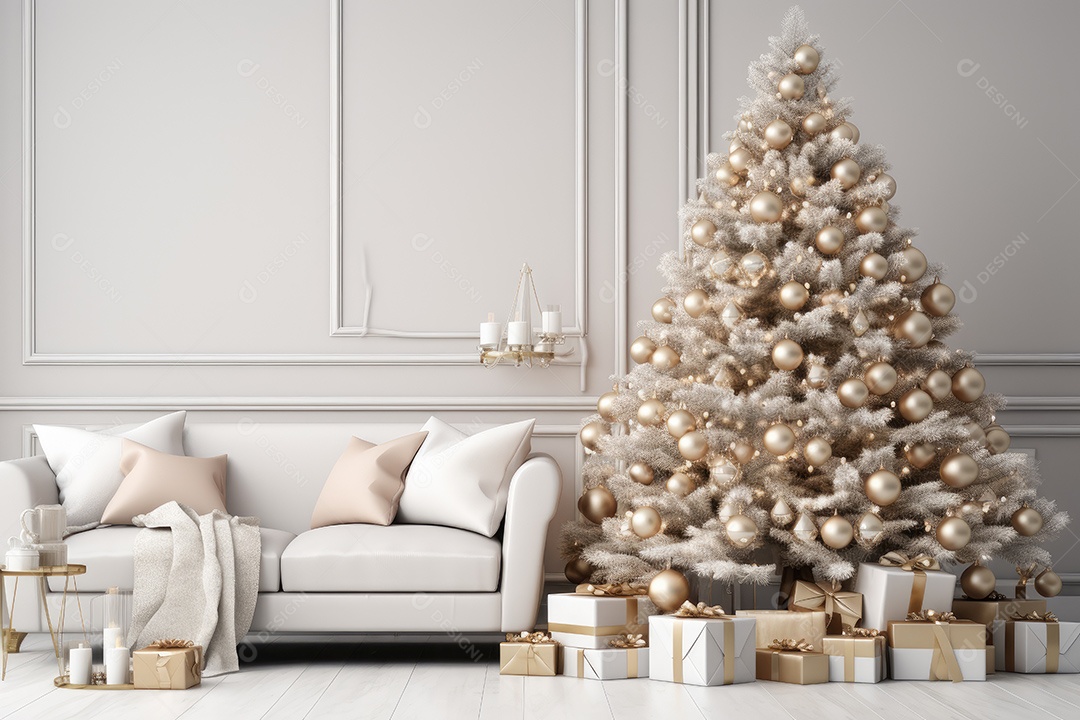 Sala de estar decorada para o Natal com árvores e presentes gerado por IA