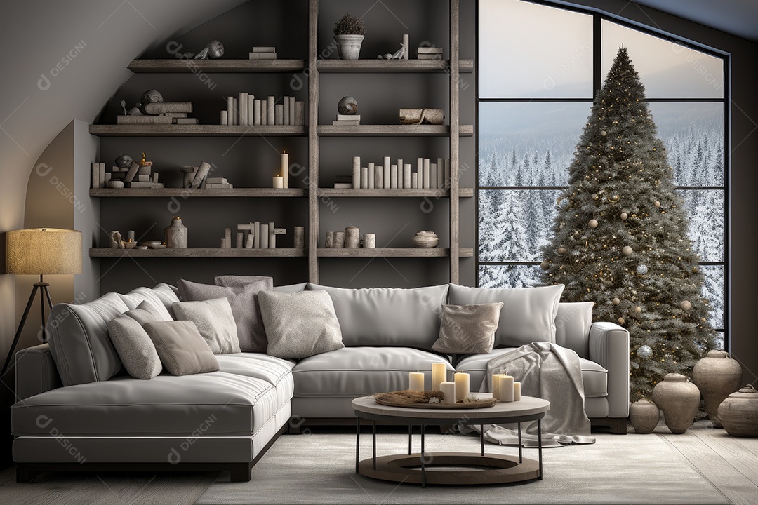 Sala de estar decorada para o Natal com árvores e presentes gerado por IA