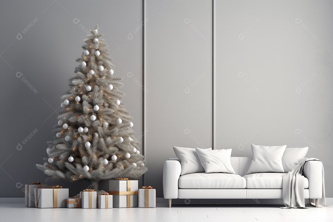 Sala de estar decorada para o Natal com árvores e presentes gerado por IA