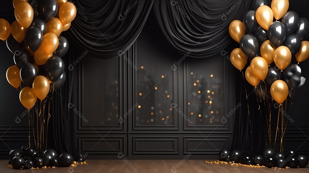 Comemore o evento com cortina preta e fundo de balões dourados, feliz ano novo e festa