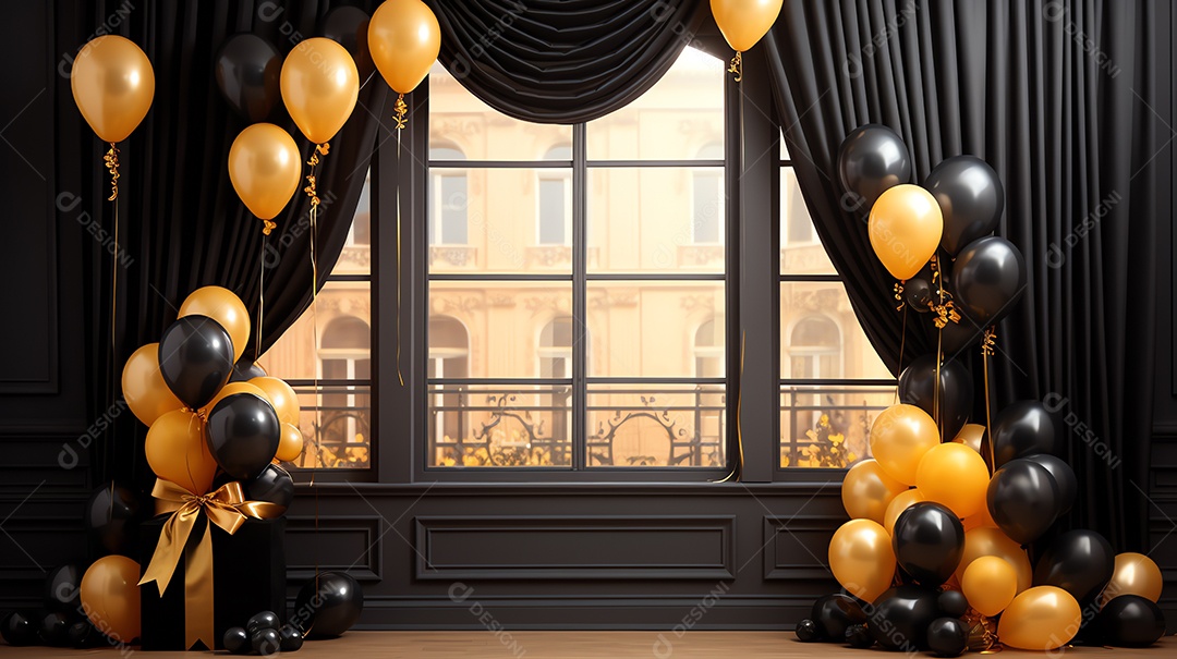 Comemore o evento com cortina preta e fundo de balões dourados, feliz ano novo e festa