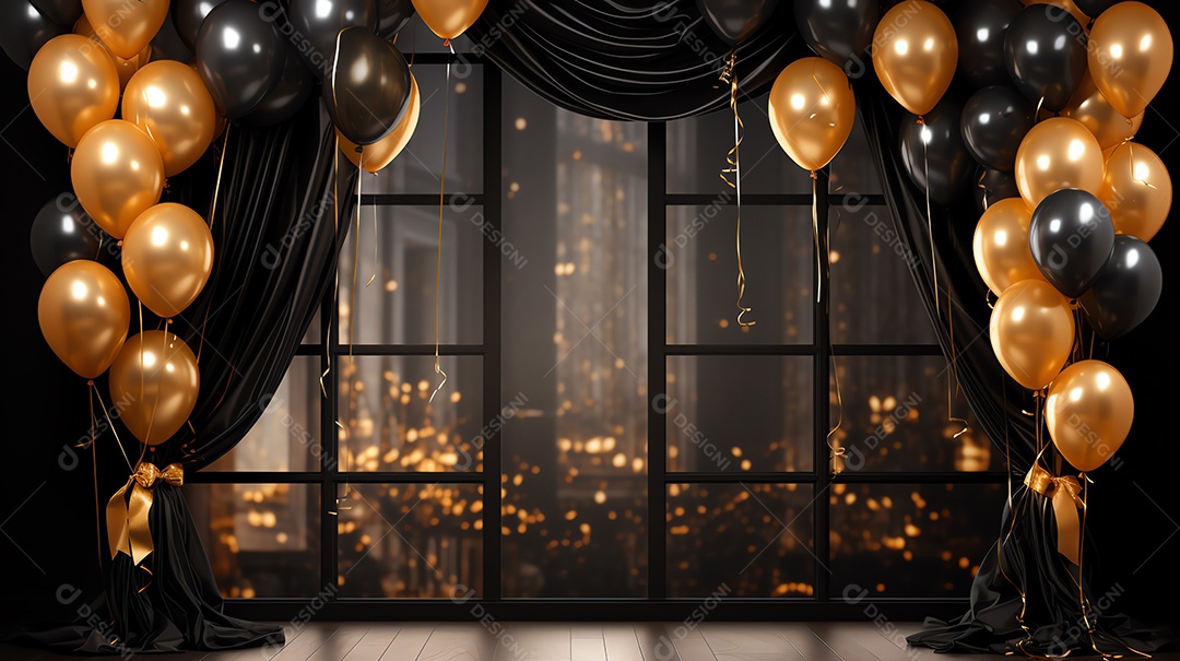 Comemore o evento com cortina preta e fundo de balões dourados, feliz ano novo e festa