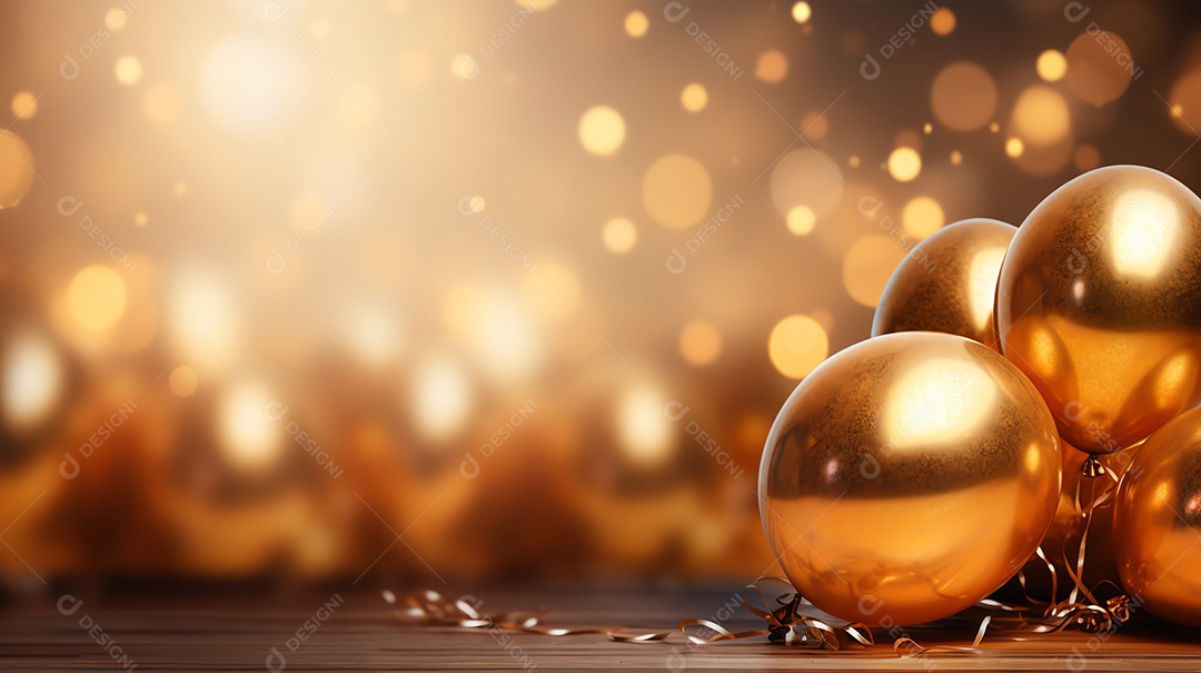 Comemore o evento com cortina preta e fundo de balões dourados, feliz ano novo e festa