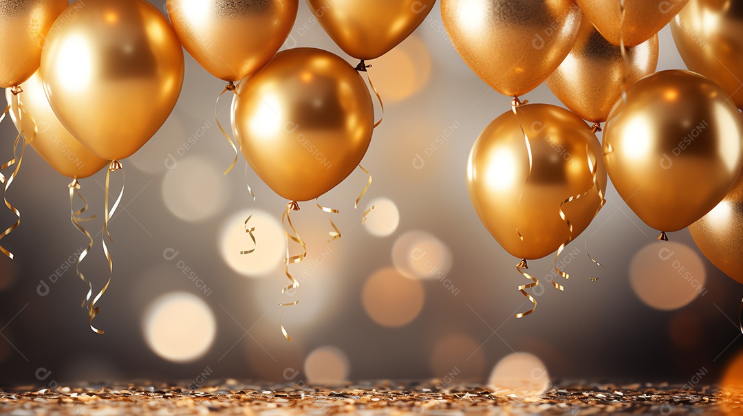 Comemore o evento com cortina preta e fundo de balões dourados, feliz ano novo e festa