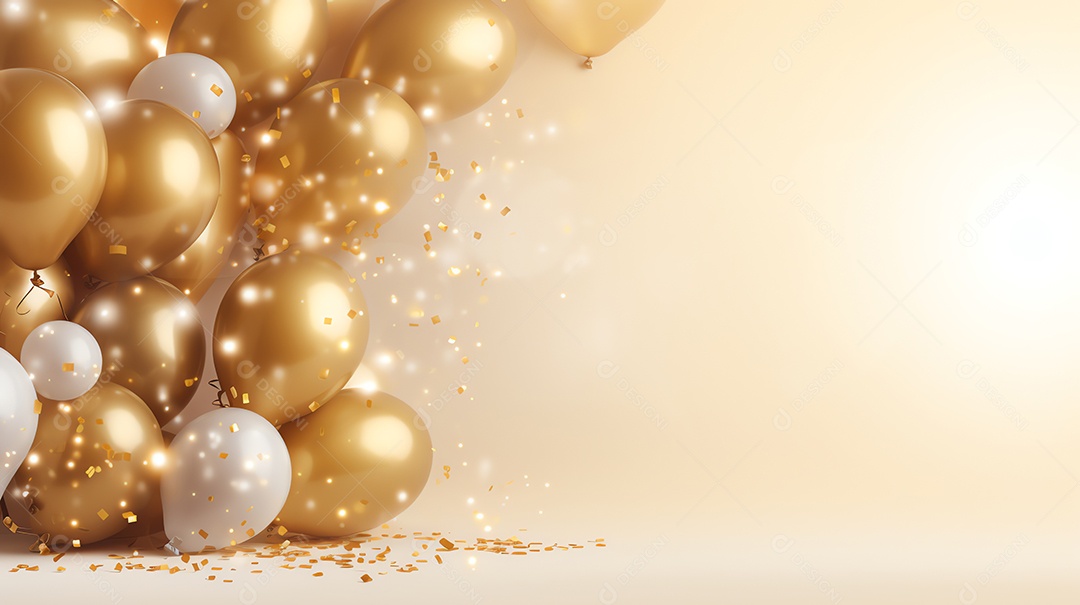 Banner de festa de celebração com balões dourados em fundo brilhante com espaço de cópia, conceito de férias