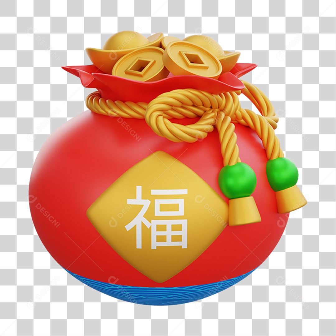 Elemento 3D Saco de Moedas da Cultura Chinesa PNG Transparente