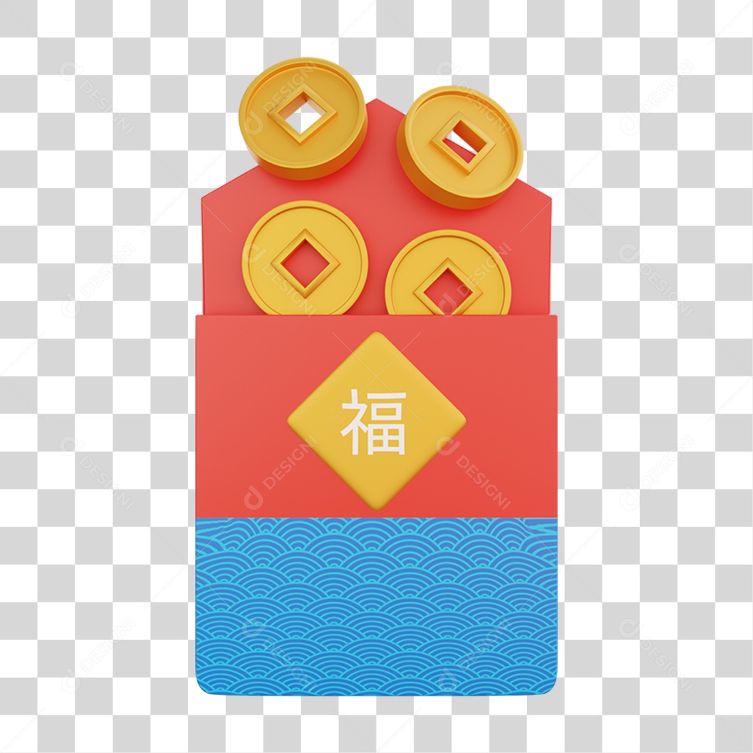 Elemento 3D Envelope com Dinheiro da Cultura Chinesa PNG Transparente