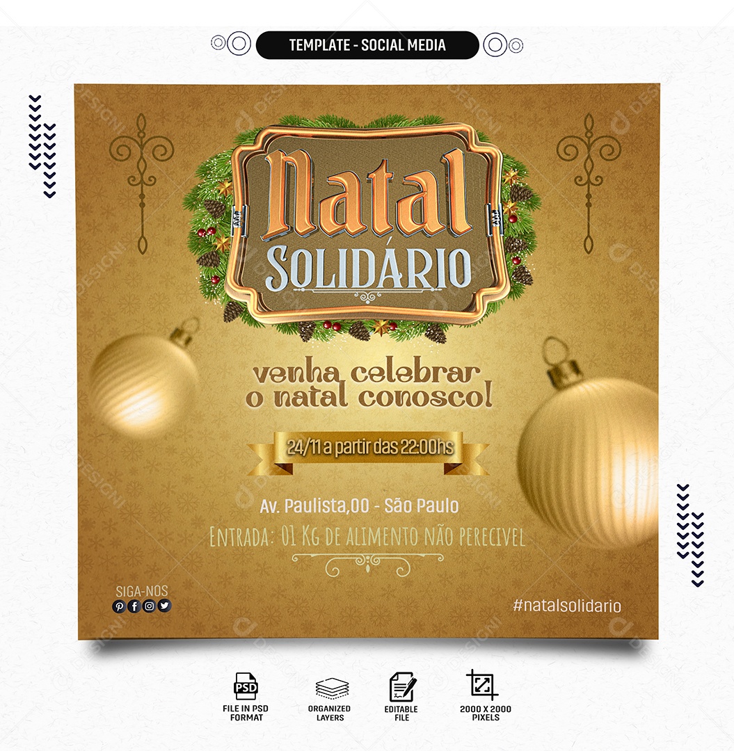 Feed Natal Solidário Venha Celebrar Conosco Social Media PSD Editável