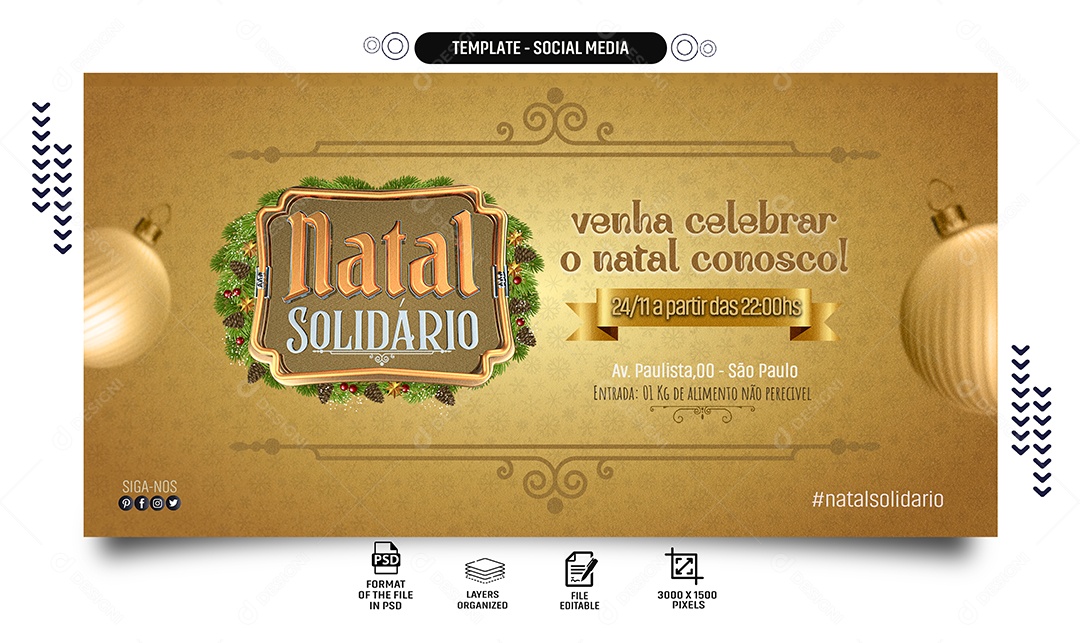 Banner Natal Solidário Venha Celebrar o Natal Conosco Social Media PSD Editável