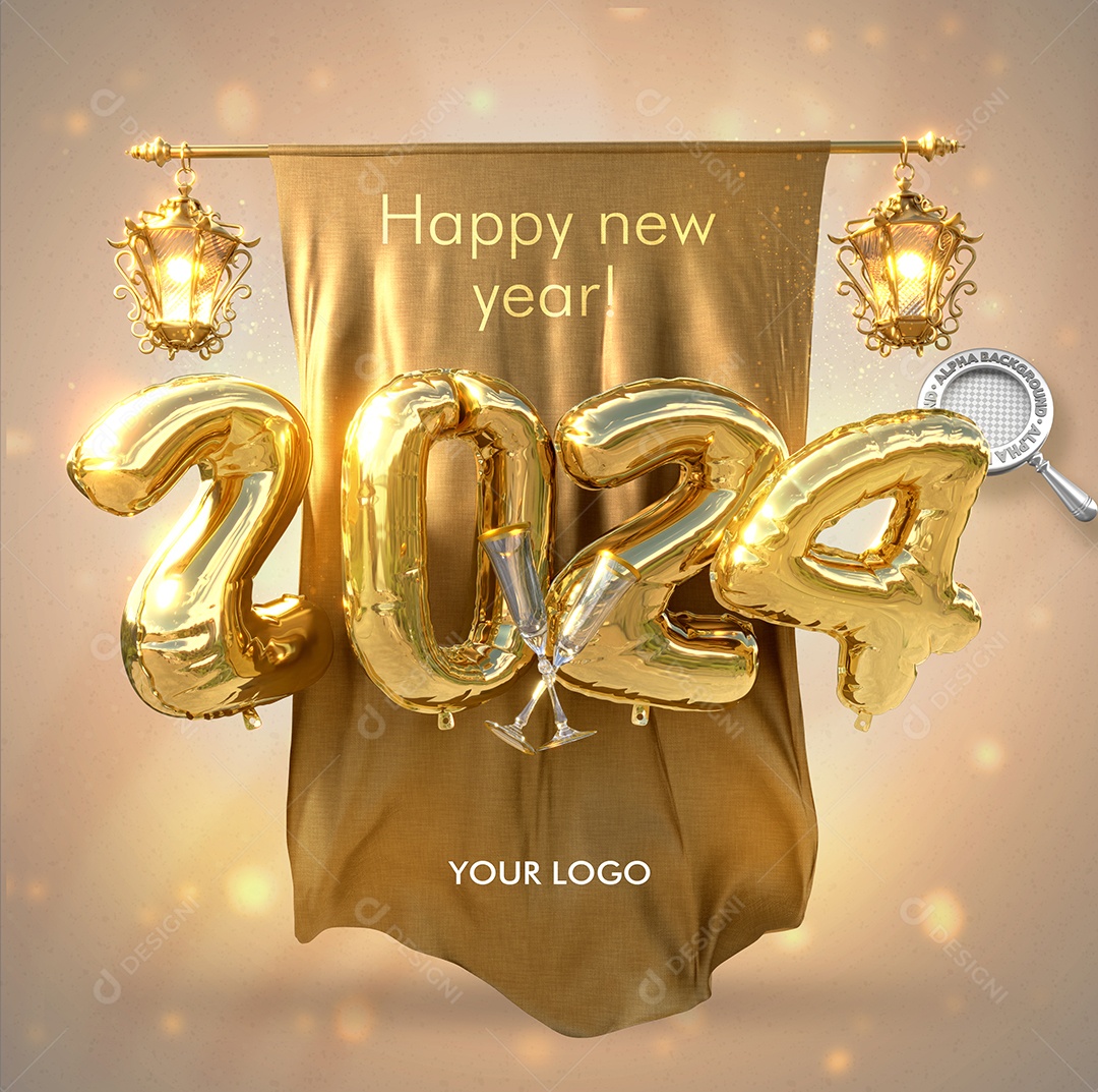 Feliz Ano Novo 2024 Happy New Year Selo 3D Para Composição PSD
