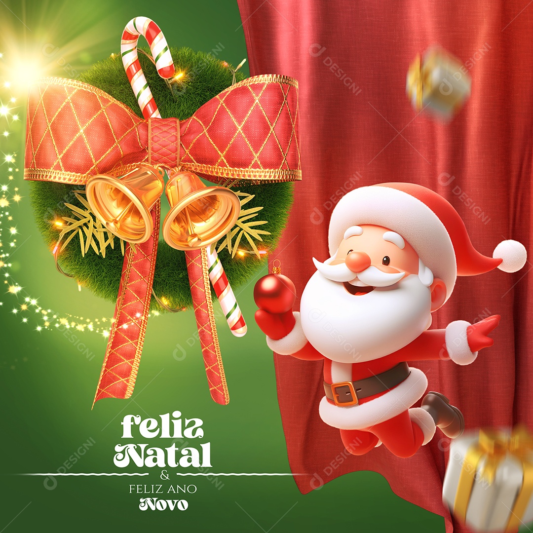 Feliz Natal & Feliz Ano Novo Guirlanda Sinos e Papai Noel Elemento 3D para Composição PSD