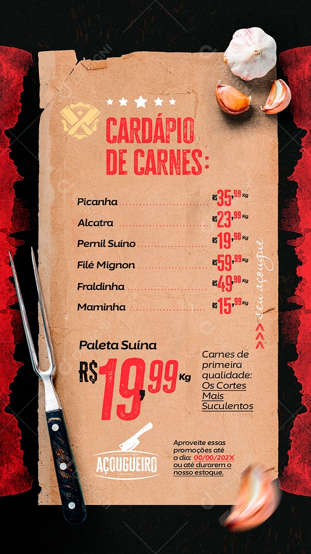 Story Açougueiro Cardápio de Carnes Picanha Alcatra Pernil Suíno Filé Mignon Carnes de Primeira Qualidade Social Media PSD Editável