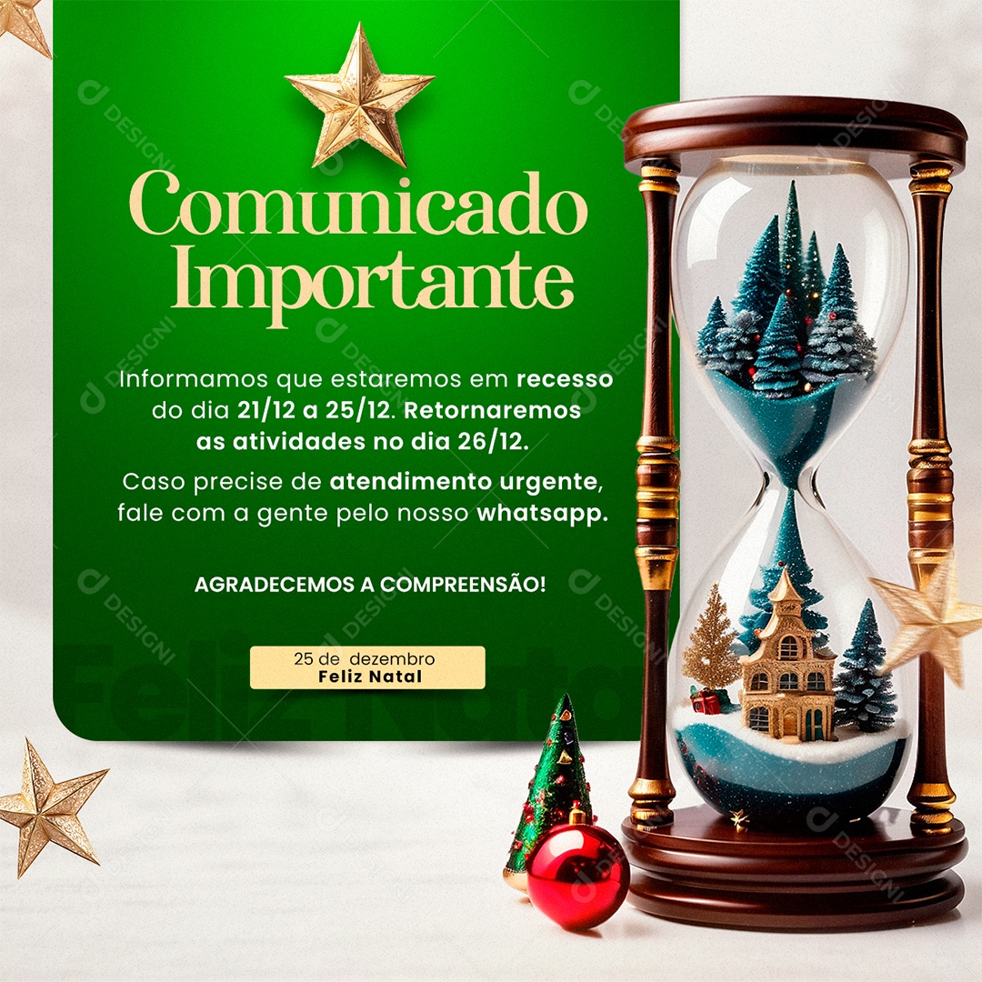 Feliz Natal Comunicado Importante Informamos que Estaremos em Recesso Social Media PSD Editável