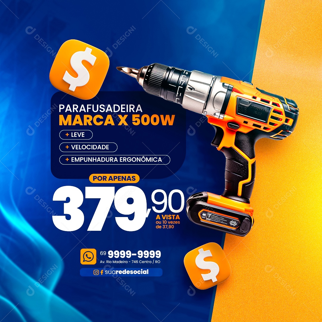 Materiais de Construção Parafusadeira Marca x 500W Leve Velocidade Empunhadura Ergonômica Social Media PSD Editável