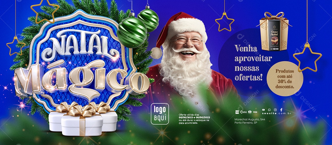 Banner Natal Mágico Supermercado Venha Aproveitar nossas Ofertas Doces Panetone Social Media PSD Editável
