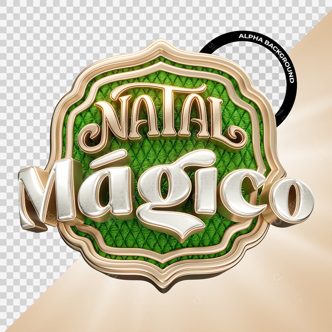 Natal Mágico Selo 3D Cinza Verde e Dourado para Composição PSD