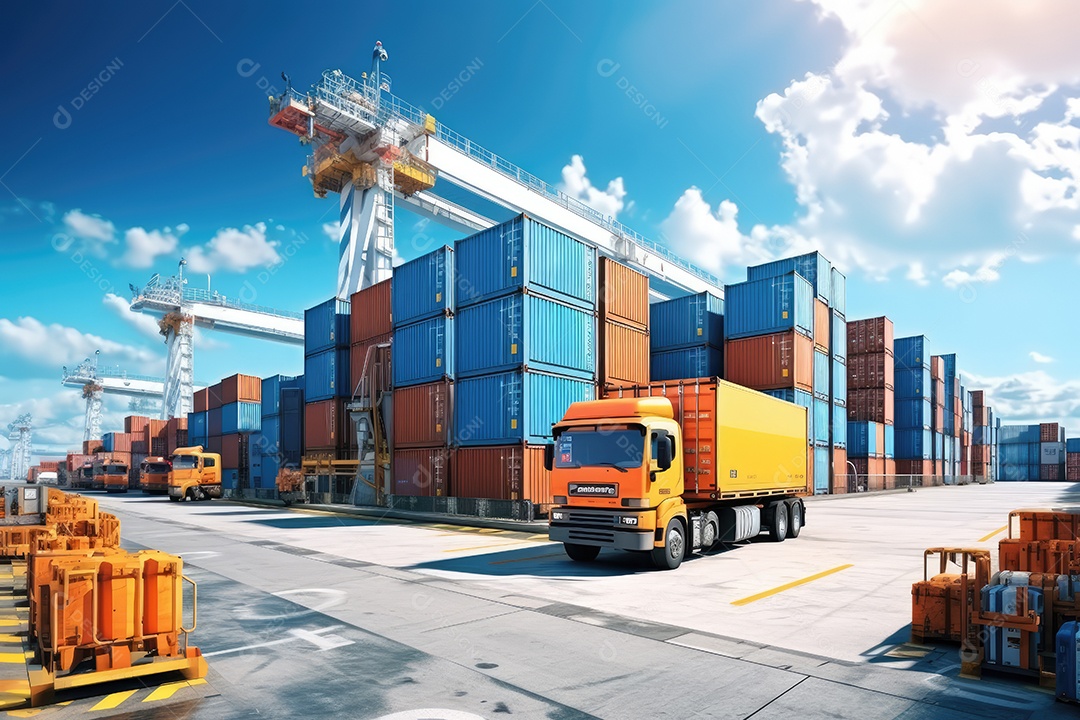 Contêineres empilhados em um navio no porto representando a importação e exportação de mercadorias no setor de logística gerado por IA