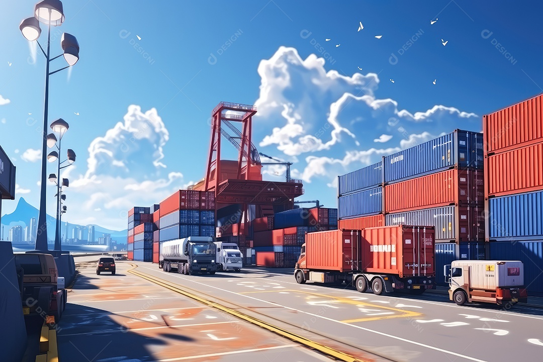 Contêineres empilhados em um navio no porto representando a importação e exportação de mercadorias no setor de logística gerado por IA