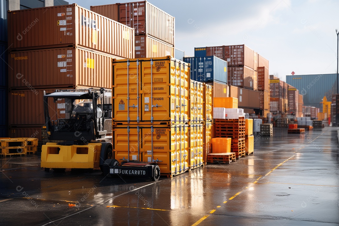 Contêineres empilhados em um navio no porto representando a importação e exportação de mercadorias no setor de logística gerado por IA