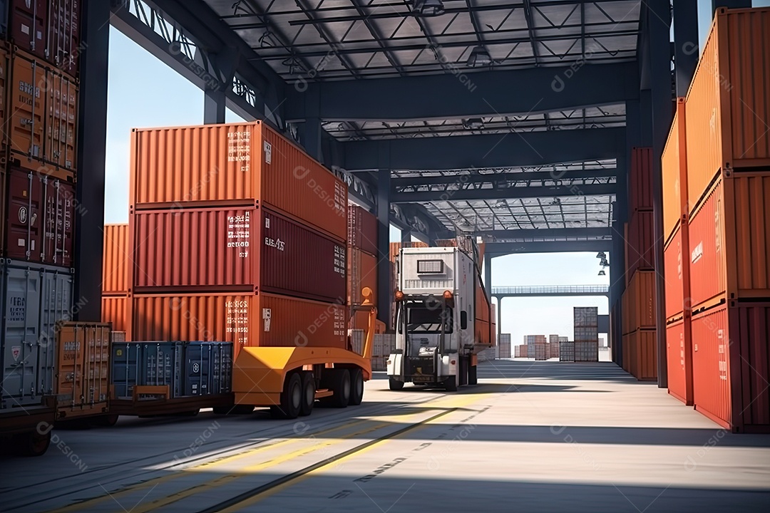 Contêineres empilhados em um navio no porto representando a importação e exportação de mercadorias no setor de logística gerado por IA