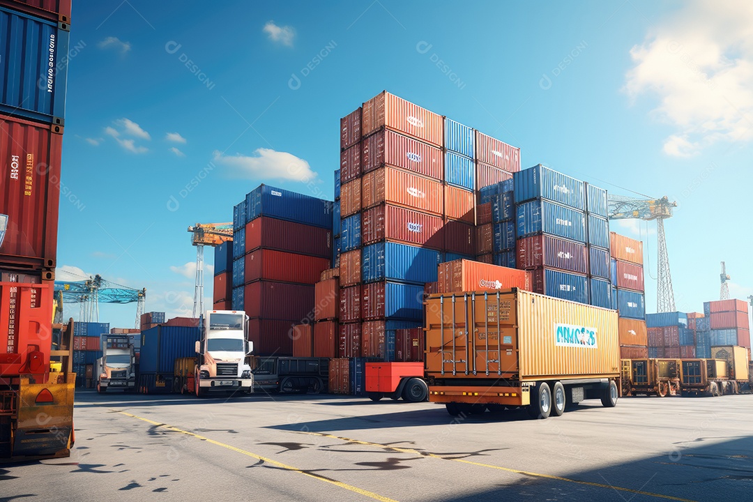 Contêineres empilhados em um navio no porto representando a importação e exportação de mercadorias no setor de logística gerado por IA