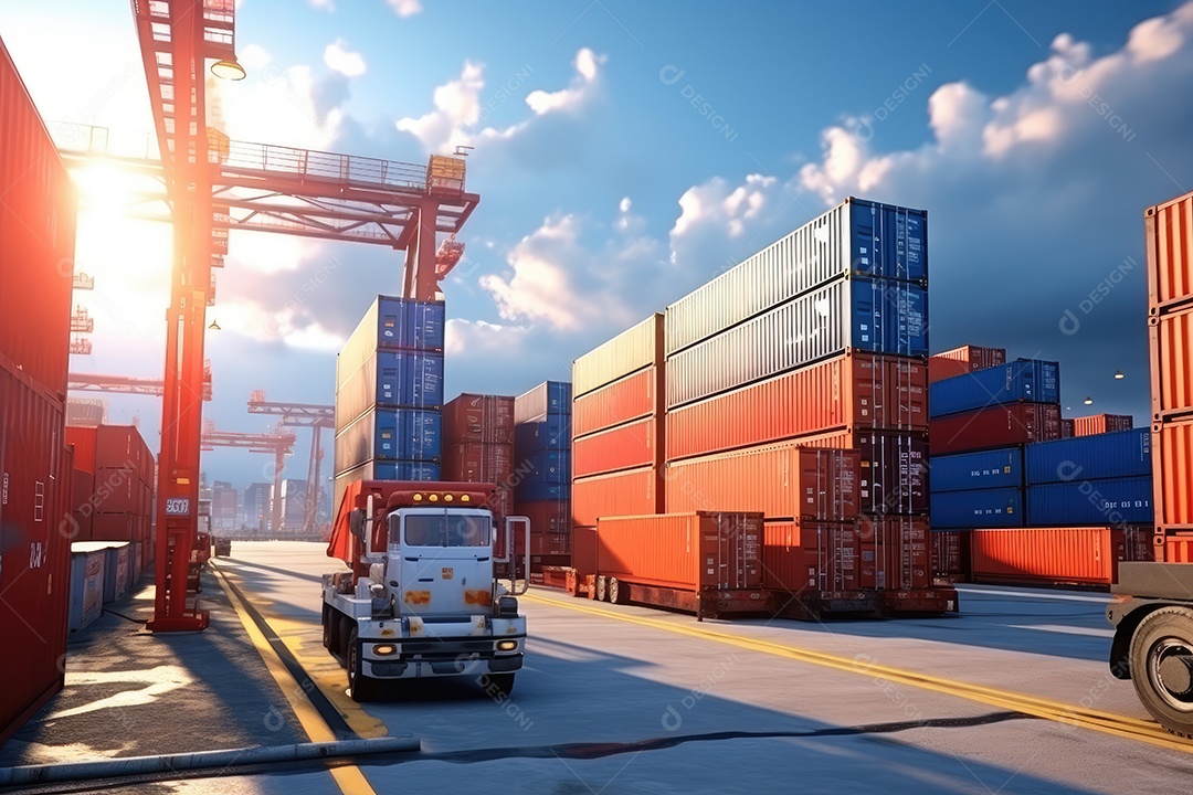 Contêineres empilhados em um navio no porto representando a importação e exportação de mercadorias no setor de logística gerado por IA