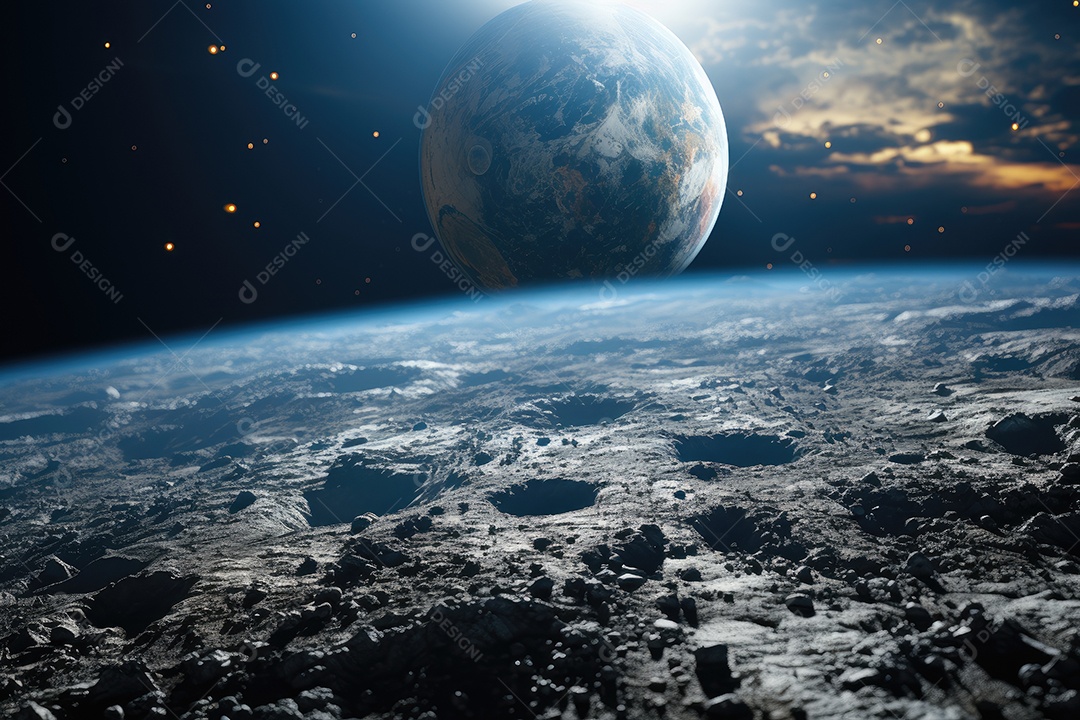 A Terra vista da superfície da Lua gerada por IA