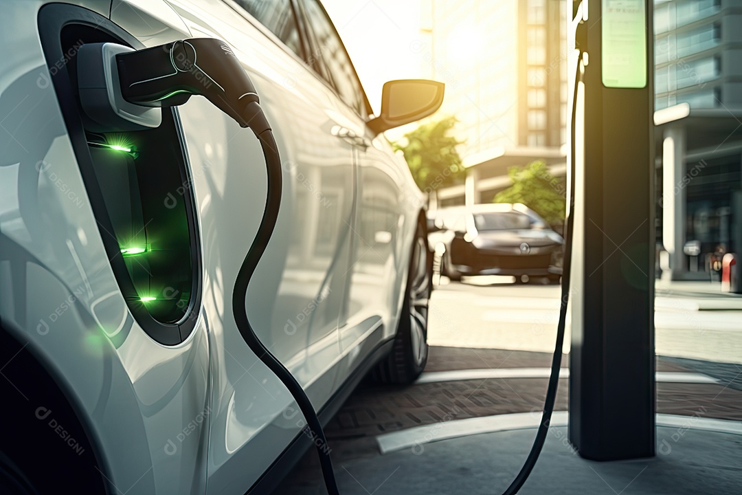 Estação de carregamento de veículos elétricos em área pública com fundo EV gerada por IA