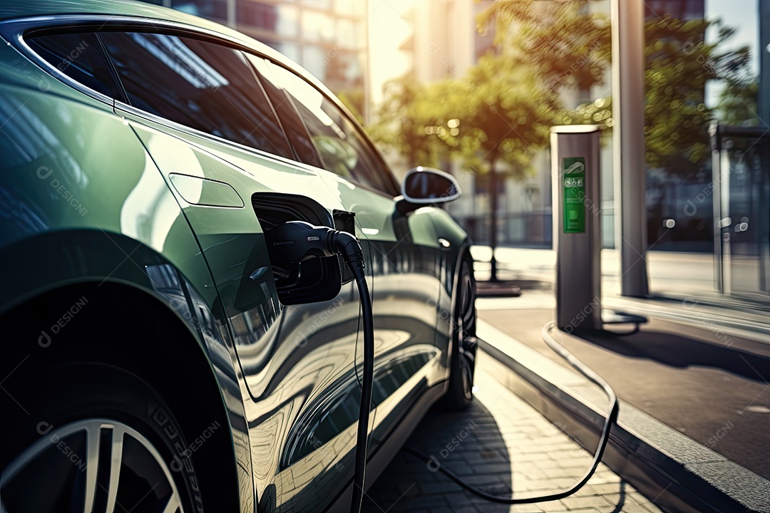 Estação de carregamento de veículos elétricos em área pública com fundo EV gerada por IA