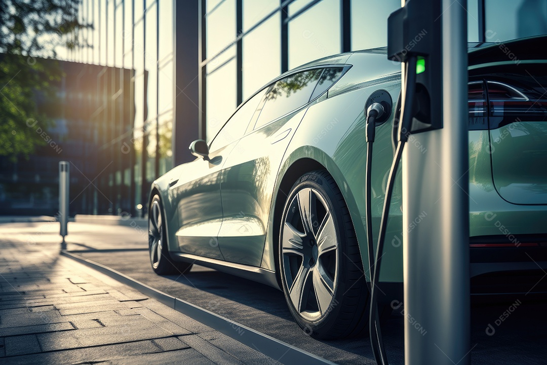 Estação de carregamento de veículos elétricos em área pública com fundo EV gerada por IA