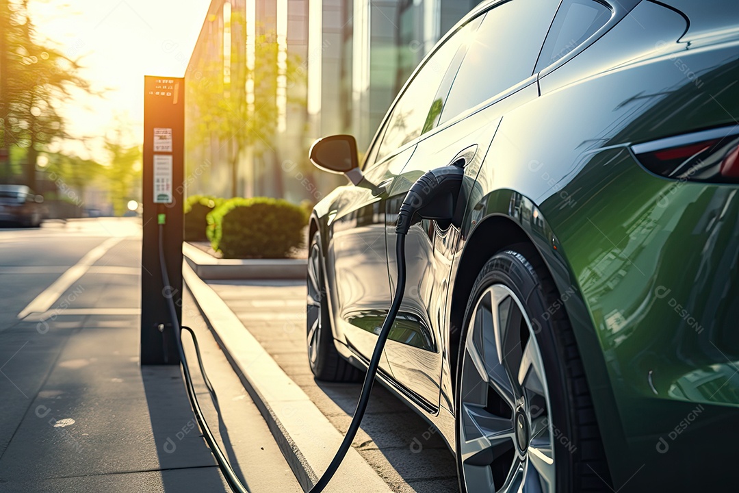 Estação de carregamento de veículos elétricos em área pública com fundo EV gerada por IA