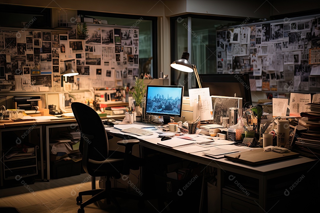 Imagem de um local de trabalho escuro cheio de documentos escritório após os funcionários saírem do trabalho gerada por IA