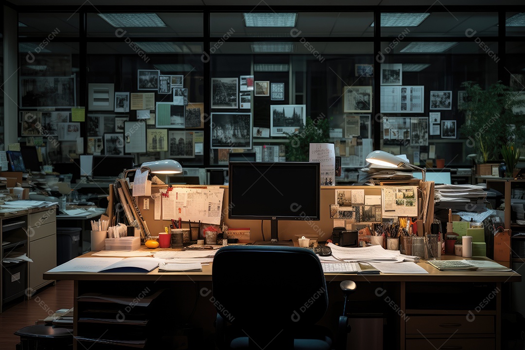 Imagem de um local de trabalho escuro cheio de documentos escritório após os funcionários saírem do trabalho gerada por IA