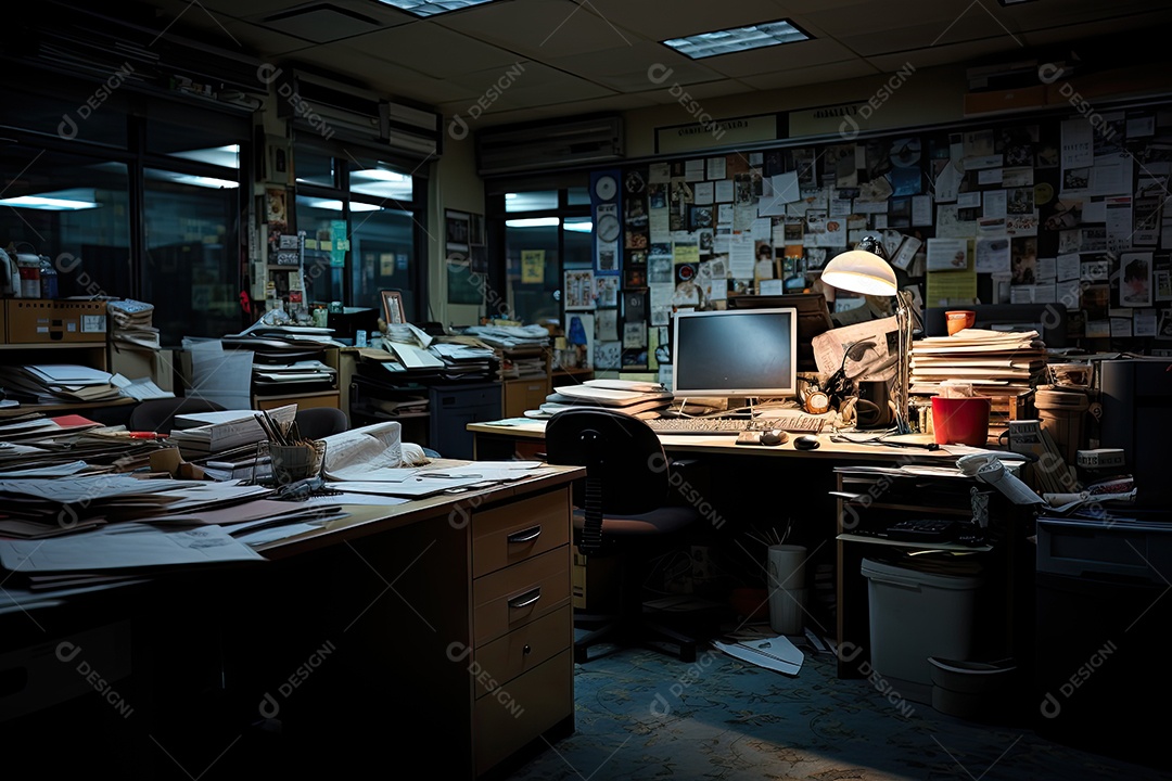 Imagem de um local de trabalho escuro cheio de documentos escritório após os funcionários saírem do trabalho gerada por IA