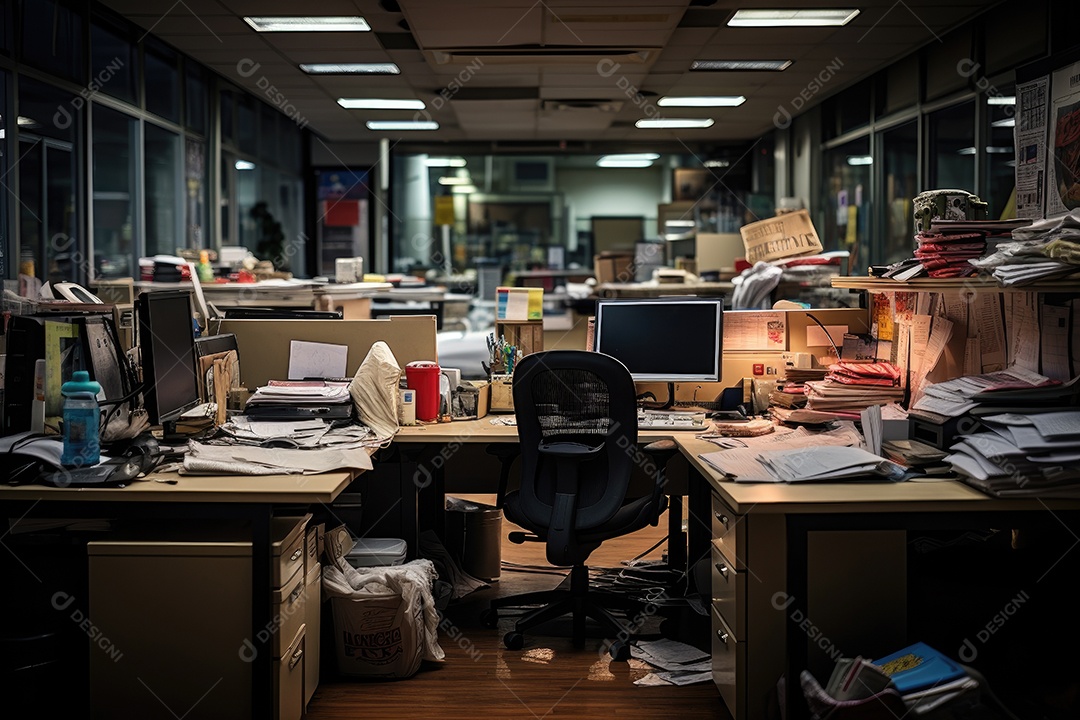 Imagem de um local de trabalho escuro cheio de documentos escritório após os funcionários saírem do trabalho gerada por IA
