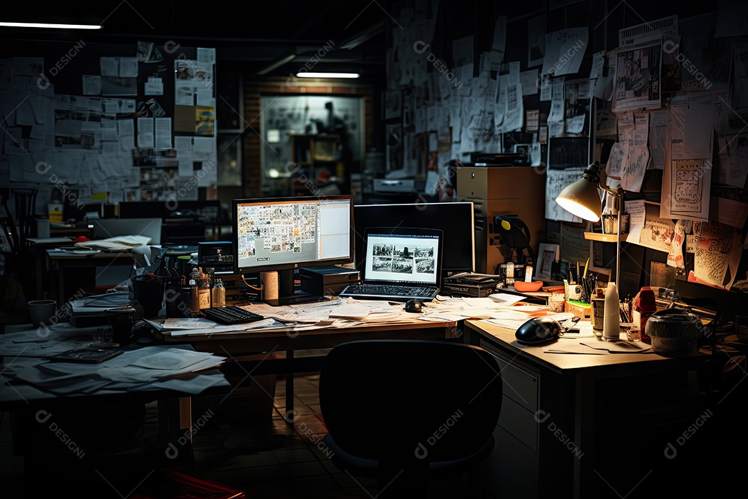 Imagem de um local de trabalho escuro cheio de documentos escritório após os funcionários saírem do trabalho gerada por IA