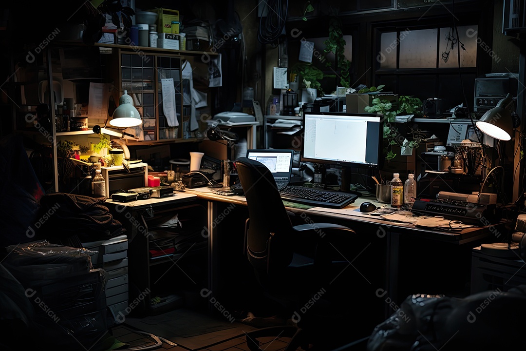 Imagem de um local de trabalho escuro cheio de documentos escritório após os funcionários saírem do trabalho gerada por IA