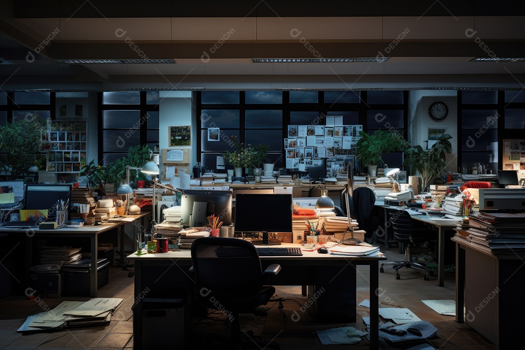 Imagem de um local de trabalho escuro cheio de documentos escritório após os funcionários saírem do trabalho gerada por IA