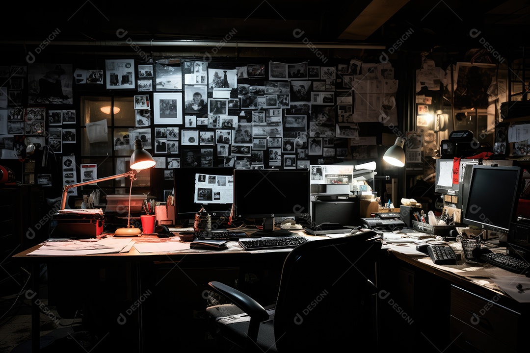 Imagem de um local de trabalho escuro cheio de documentos escritório após os funcionários saírem do trabalho gerada por IA