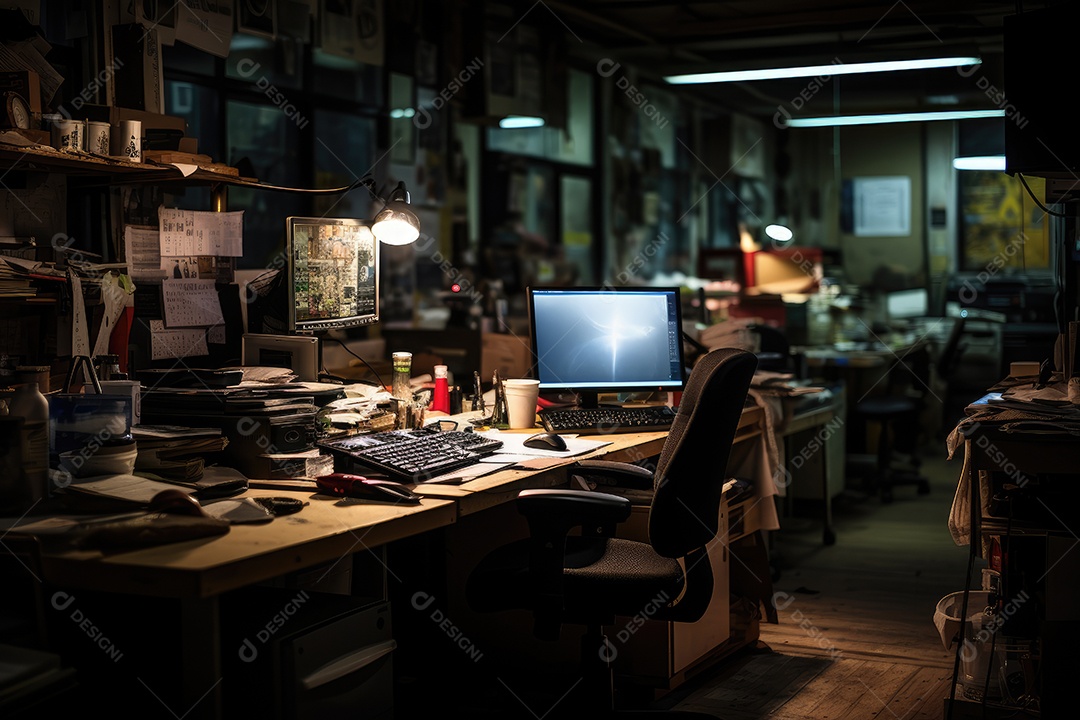 Imagem de um local de trabalho escuro cheio de documentos escritório após os funcionários saírem do trabalho gerada por IA