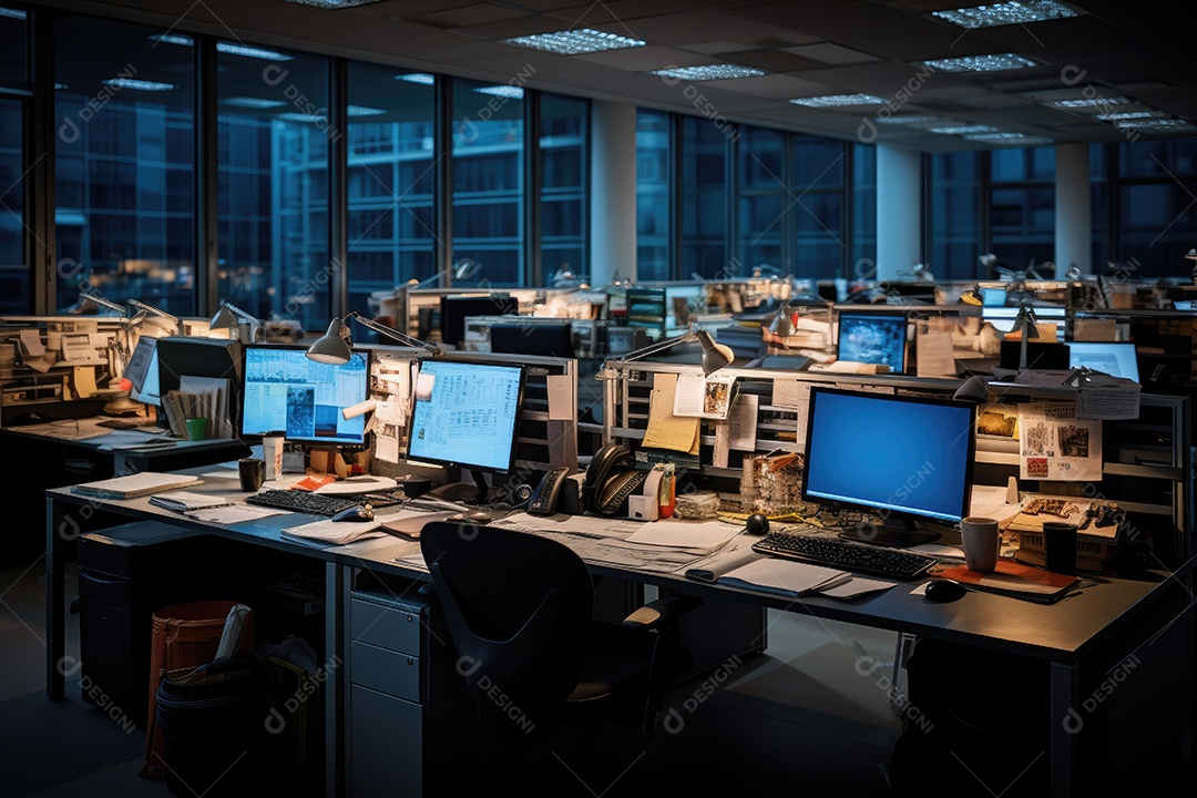 Imagem de um local de trabalho escuro cheio de documentos escritório após os funcionários saírem do trabalho gerada por IA