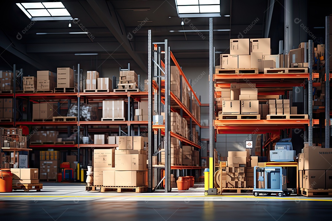 Armazém logístico com diversos itens dispostos ordenadamente em prateleiras e prontos para venda gerado por IA