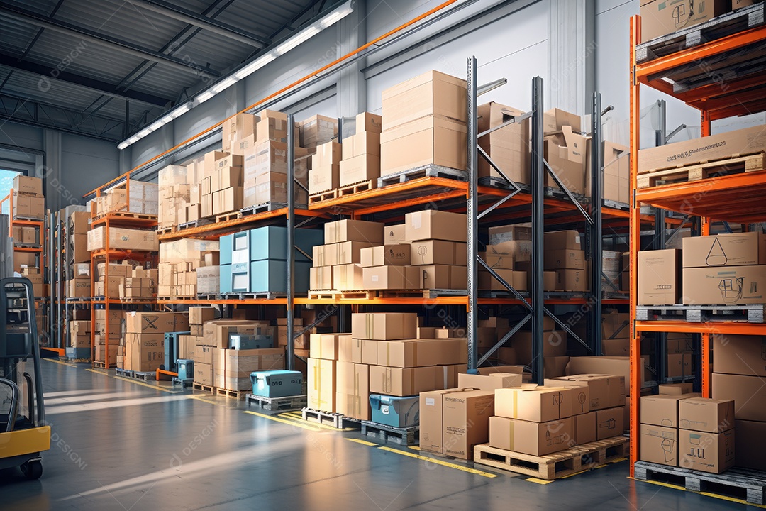 Armazém logístico com diversos itens dispostos ordenadamente em prateleiras e prontos para venda gerado por IA