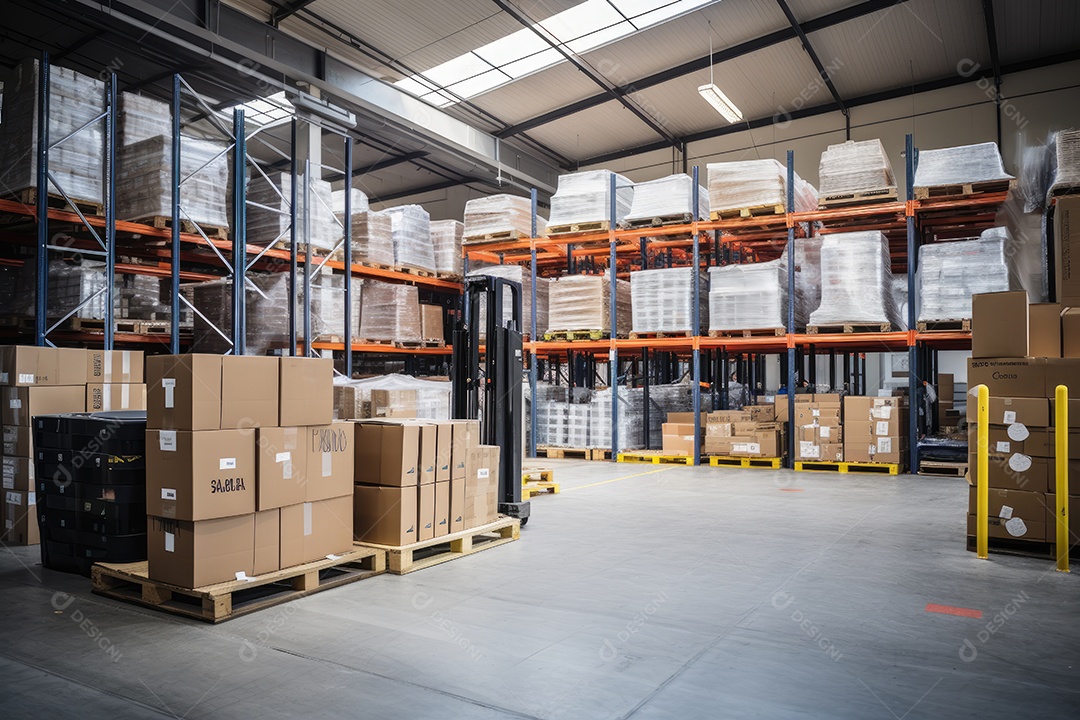 Armazém logístico com diversos itens dispostos ordenadamente em prateleiras e prontos para venda gerado por IA