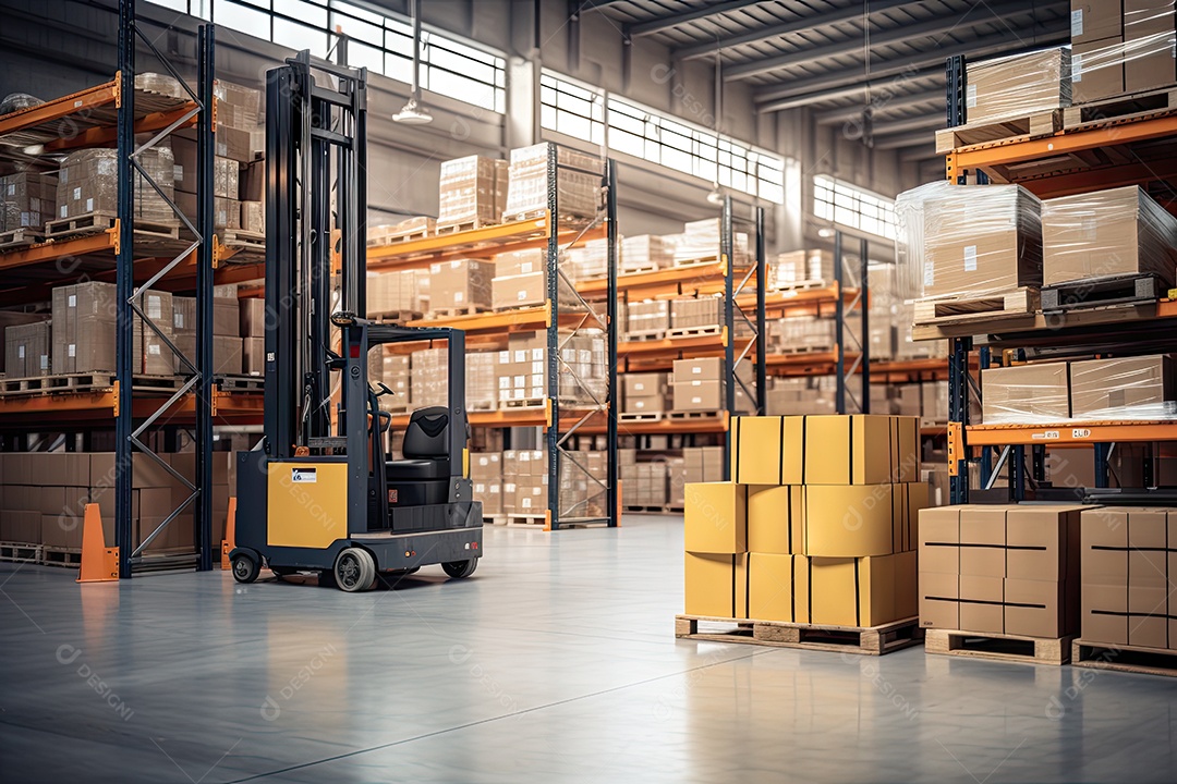 Armazém logístico com diversos itens dispostos ordenadamente em prateleiras e prontos para venda gerado por IA