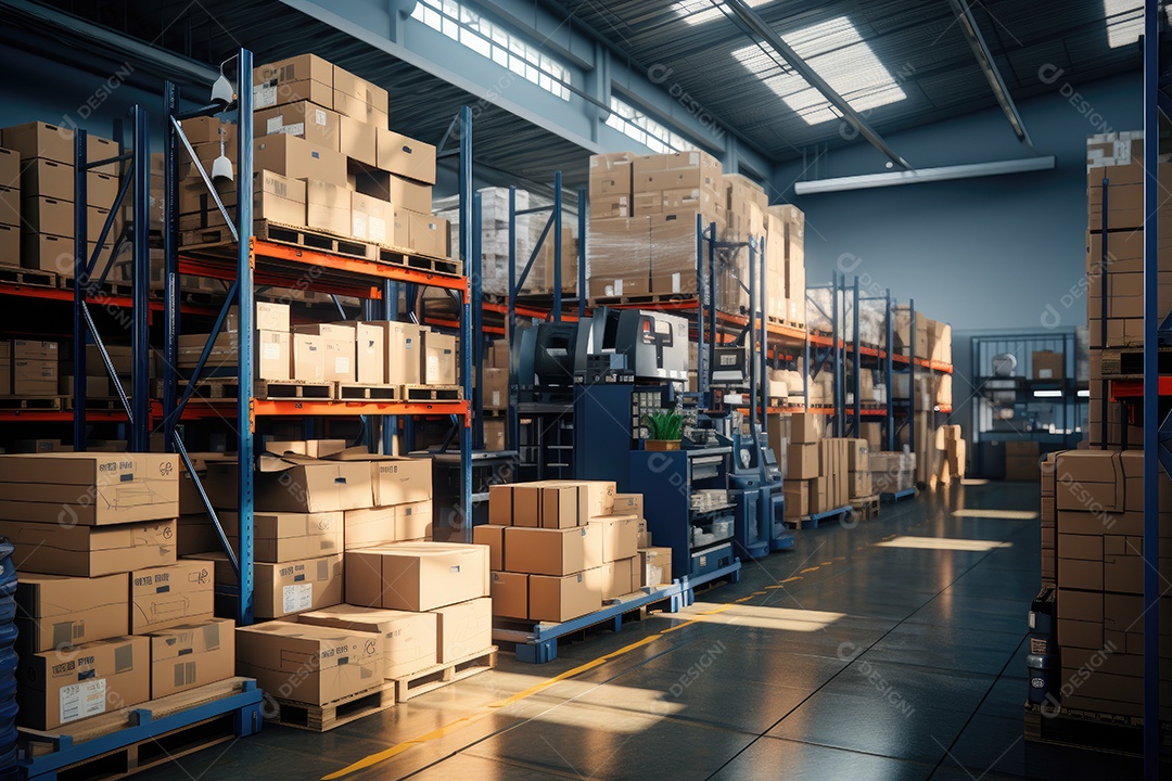 Armazém logístico com diversos itens dispostos ordenadamente em prateleiras e prontos para venda gerado por IA