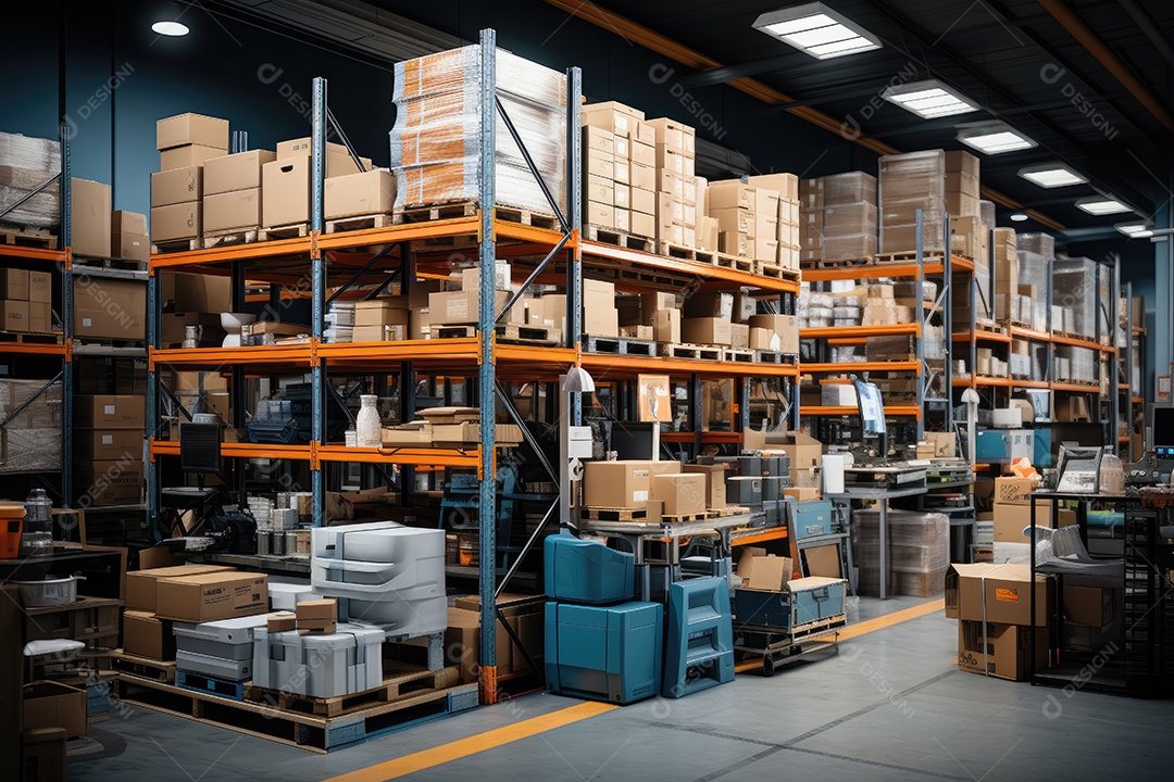 Armazém logístico com diversos itens dispostos ordenadamente em prateleiras e prontos para venda gerado por IA