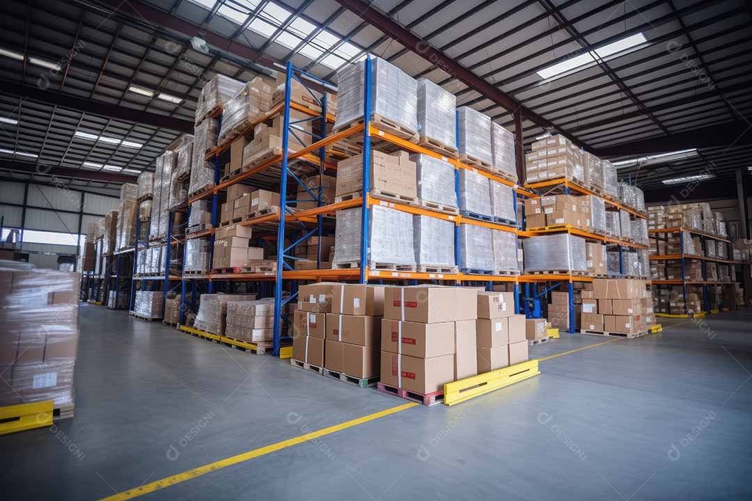 Armazém logístico com diversos itens dispostos ordenadamente em prateleiras e prontos para venda gerado por IA