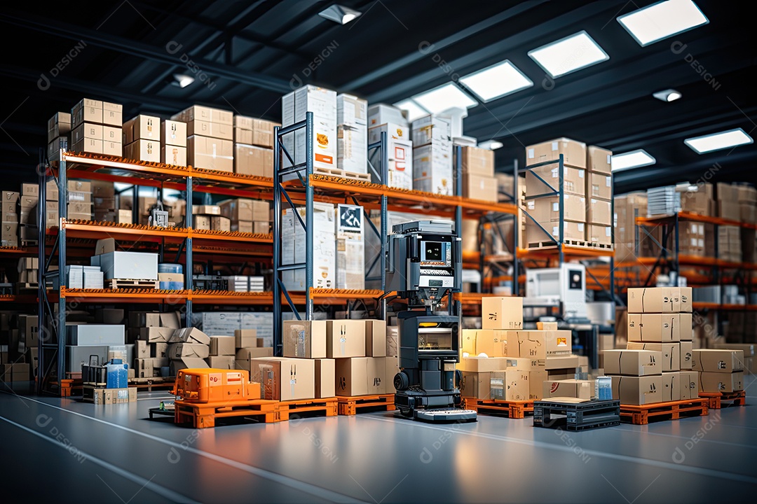 Armazém logístico com diversos itens dispostos ordenadamente em prateleiras e prontos para venda gerado por IA