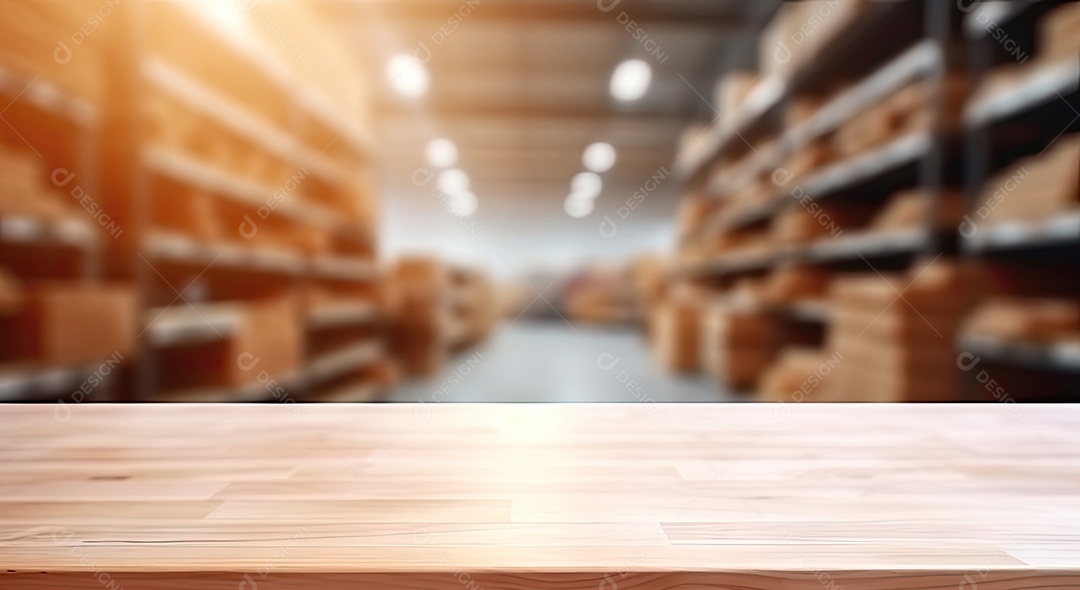 Um tampo de mesa de madeira com um fundo desfocado de luzes bokeh